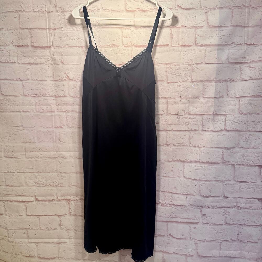 Shadowline Black Nylon/spandex Lacey slip dress sz 38 tall Made in USA